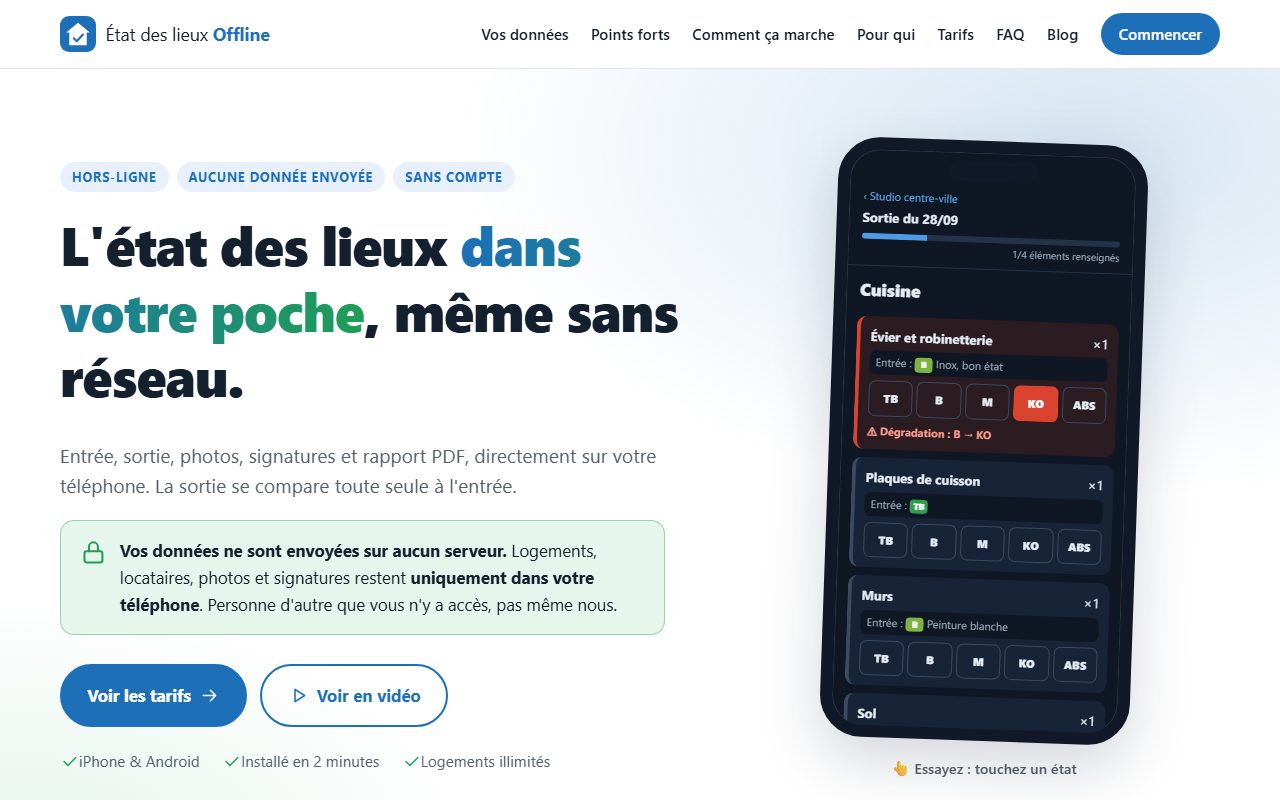 Page d'accueil du site État des lieux Offline