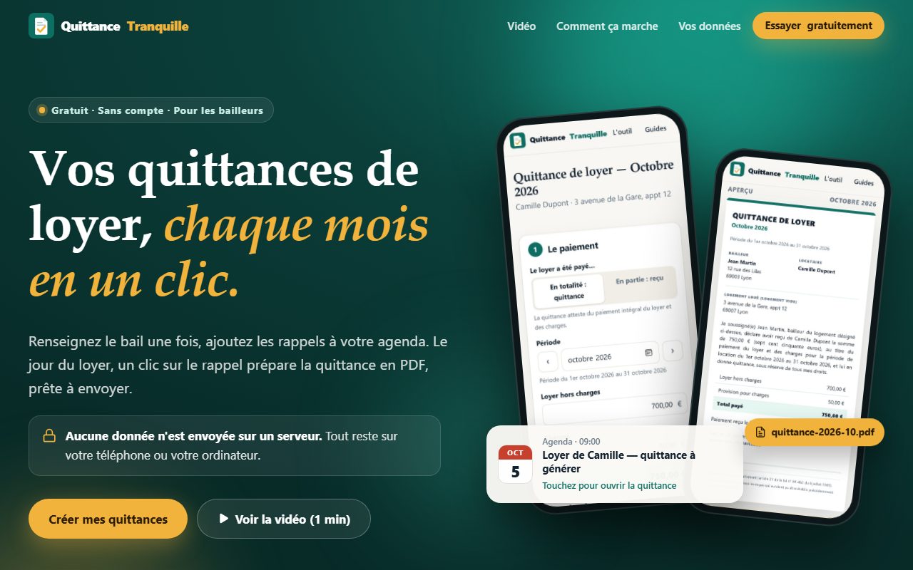 Page d'accueil du site Quittance Tranquille